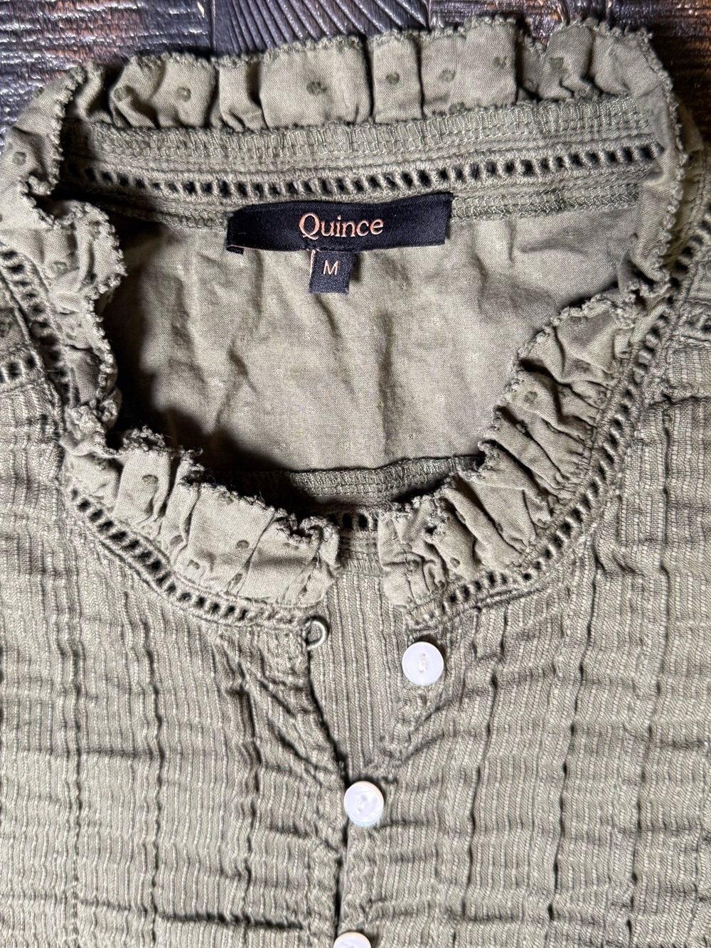 Quince Organic Textured Cotton Peasant Blouse Caper Green Ruffle Button Front Me - Picture 4 of 14